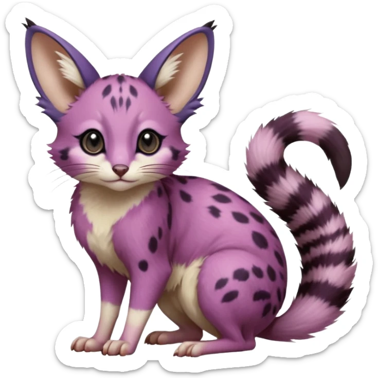 Magenta, purple-pointed, soft realistic romantic vintage antique divine beautiful elegant pretty precious cute young youthful  Fakémon-Pokémon-opossum-feline-mouse-serval-caracal-chinchilla-Minccino-Cinccino-Meowstic-rodent-hybrid-creature with a big fluffy bushy tail (full body) sticker