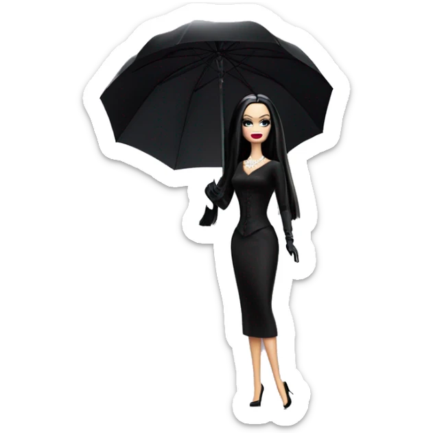 Stunning in the Spotlight Barbie, teen Morticia Addams,showing off, show full body,accessories  gloves funeral veil over face umbrella  sticker