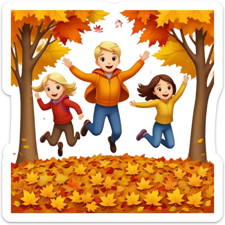 kids jumping into piles of autumn leaves, joyful expressions, colorful fall scene sticker