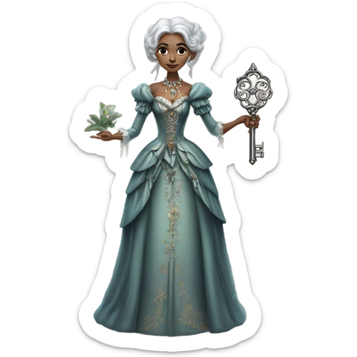 elf gray woman login holding a big key in victorian dress, full body sticker