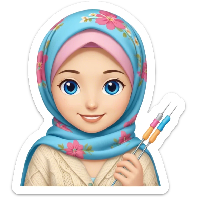 Turkish beautiful finish Konya girl blue eyes with spring floral butterfly hijab does knitting  sticker