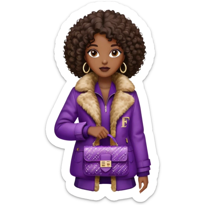 Beautiful black woman with curly hair. She is wearing a brown monogram Fendi jacket with a fur trim. She is carrying a Fendi Baguette
Purple sequined bag. I want the image close up. The jacket is not purple.  sticker