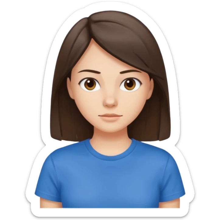 young brunette brawn-eyed woman with straight hair with a blue t-shirt with  sticker