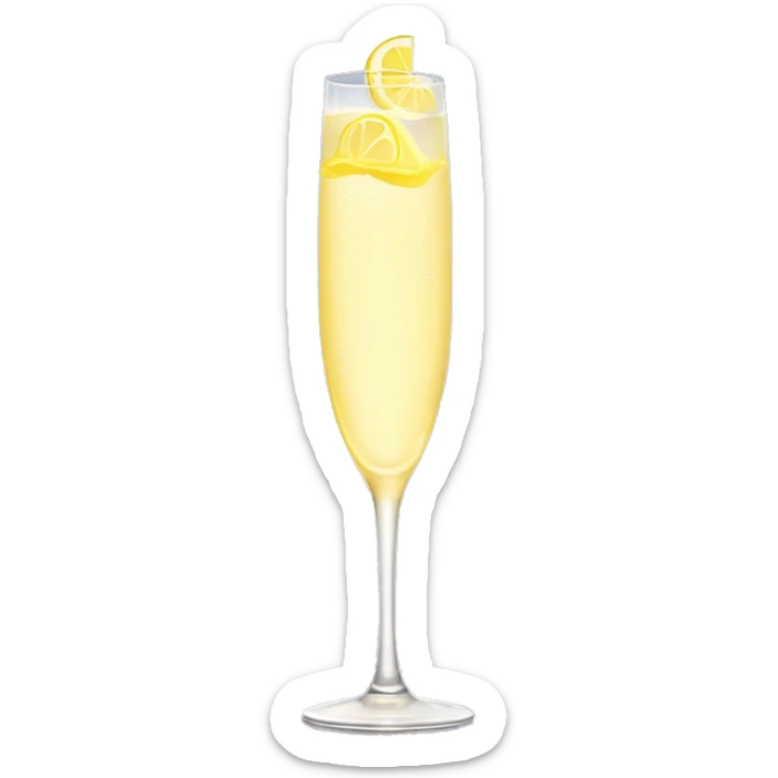 A tall skinny champagne glass with a pale yellow bubbly liquid and lemon swirl garnish  sticker