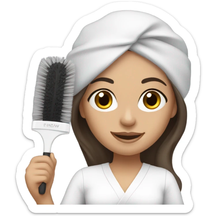 Brunette esthetician with hair down wearing white head band holding fan brush sticker