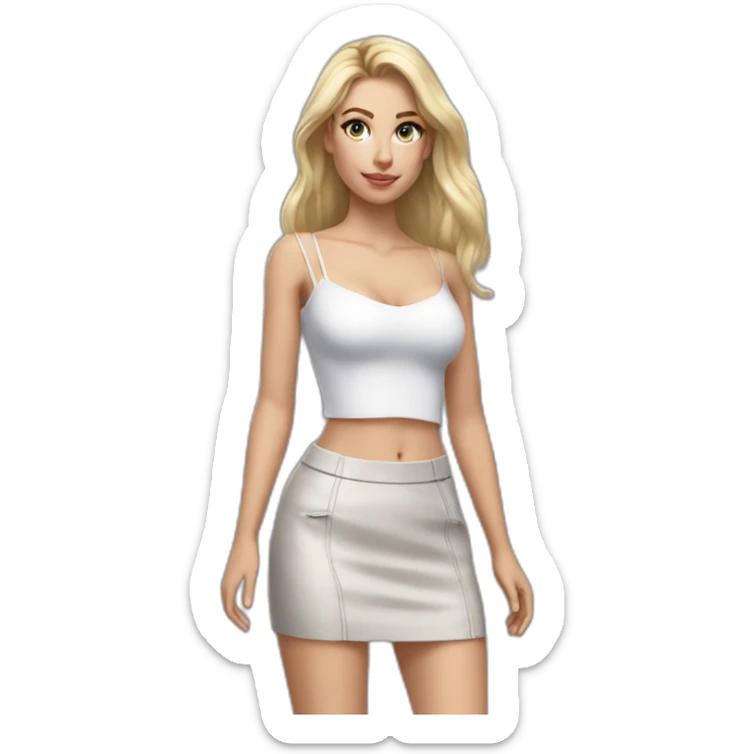 hyperrealistic caucasian long blonde hair brown perfect eyes woman white v-neck strapless top gray tight mini skirt walking towards camera sticker