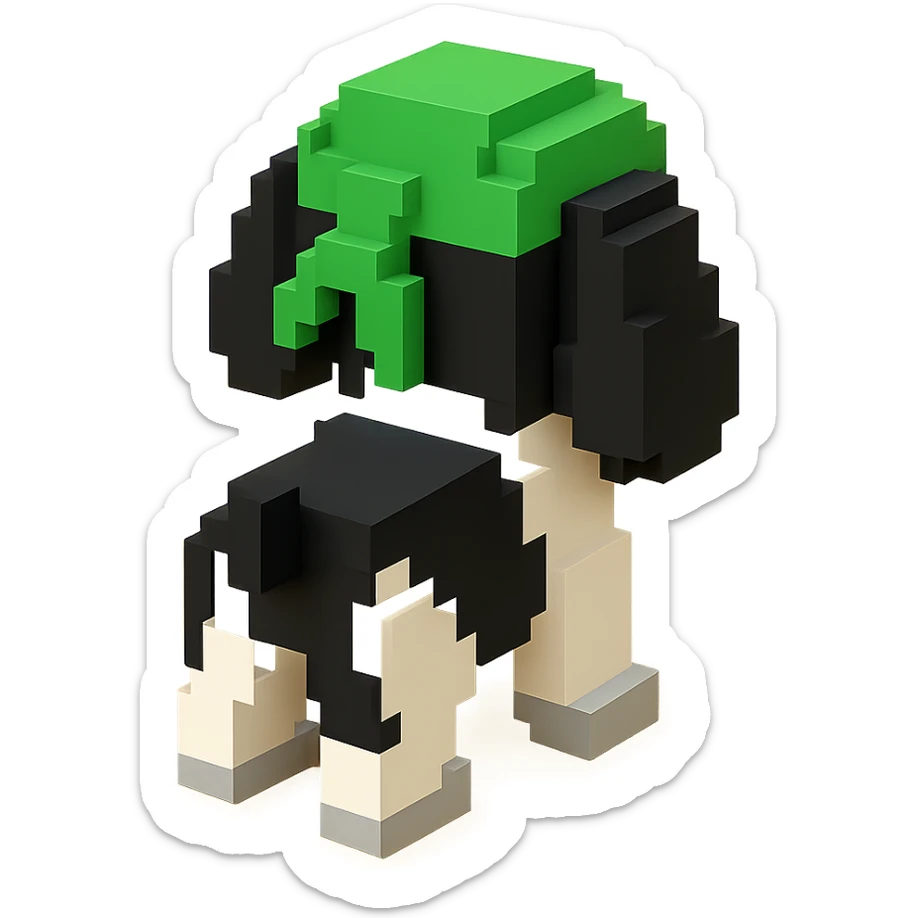 A black and white Russian Cocker Spaniel puppy wearing a green durag, facing backward sticker