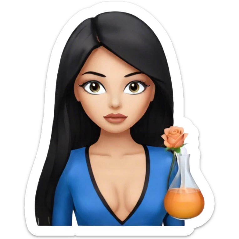 Glamours, tanned, very beautiful girl, with big pump peach-beige-rose lips, eyeliner, long lashes, black straight smooth silky long hair, straight parting hair, blue-grey eyes in black v-neck bodysuit sticker