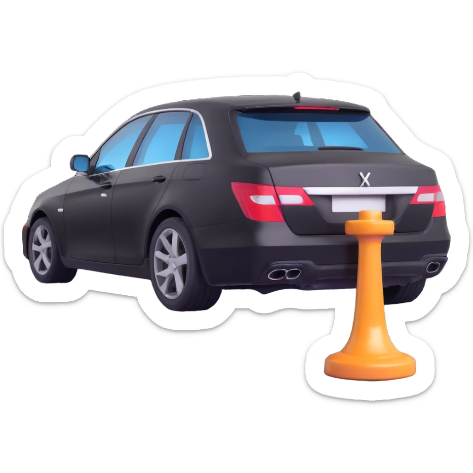 black luxury car with a visible dent, hammer and rod forming an X on the rear right corner, reflection lamp above rear illuminating damaged area, elegant and modern sticker