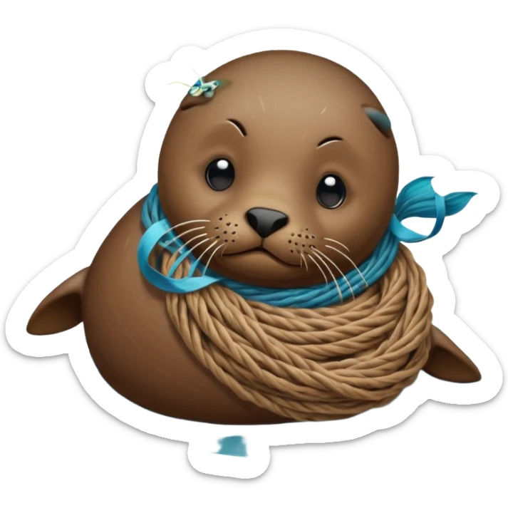 Realistic Seal Stauck with his head in a fishing yarn in the ocean, with plastic floating around sticker