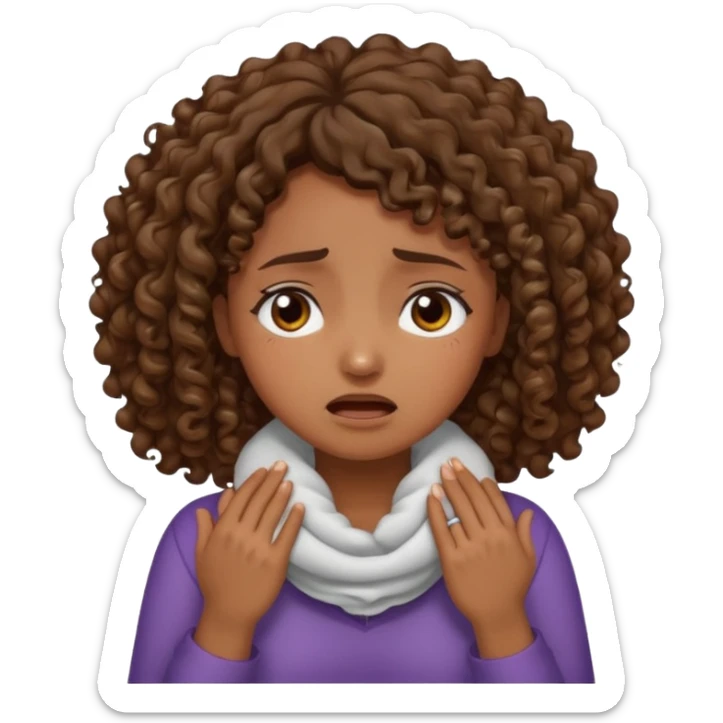 Medium  dark skin tone curly brown hair girl with her hands around her neck crying  sticker