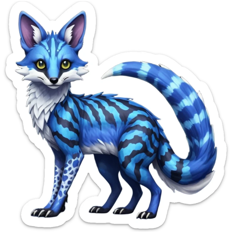 Feral Rare Fantasy scaled scaly evil spooky vibrant dark shady shaded detailed deep-dark-cobalt-blue-gradients-colored colorful Vernid-Sergal-Genet-Trico-Fox-species by LiLaiRa, with dark-blackish points, white belly, random markings, tufted tail, tufted ears, full body sticker