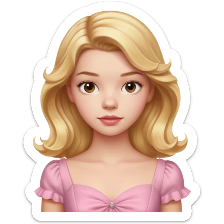 Cinematic Realistic Anya Taylor Joy Portrait, depicted with lifelike skin texture, subtle rosy undertones, and soft natural lighting that enhances the sweet blush contours of her face. Her intricately detailed golden blonde hair is elegantly wavy, and pink dress corquette sticker