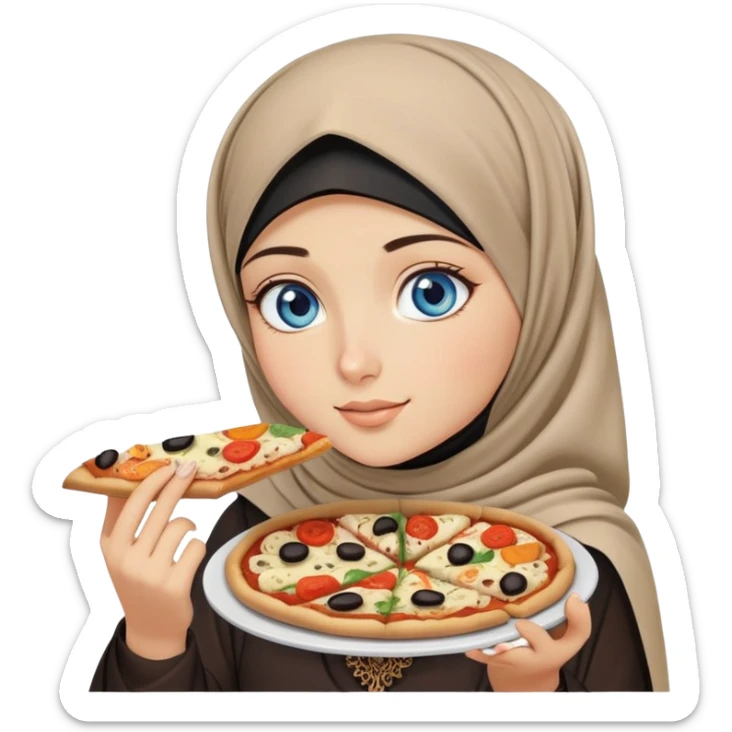 Turkish beautiful finish Konya girl blue eyes with beige and black hijab islamic dress and eating with her hand a slice of vegetable pizza  sticker