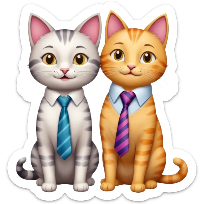 happy girl cat with eyelashes wearing a colorful necktie and happy boy cat wearing a professional necktie standing together and holding paws, both with loving expressions sticker