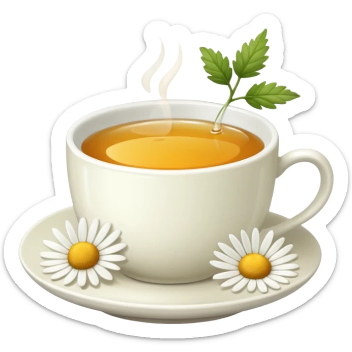 Te de manzanilla - taza blanca con una hoja a un lado del plato- No dentro sticker