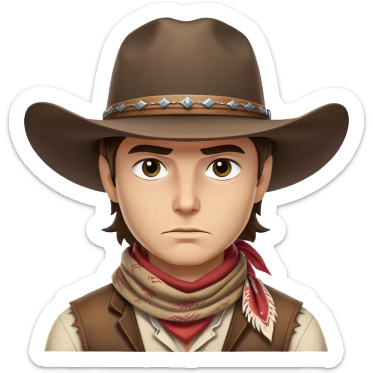 Clash of Clans aesthetic friendly Cowboy Portrait Emoji, With a rugged yet stylized build wearing a classic wide-brimmed hat and bandana, his face rendered in a natural skin tone (not yellow), determined eyes and a steely gaze, Simplified yet dynamic features, highly detailed, glowing with a warm, sunlit frontier radiance, high shine, brave and spirited, stylized with an air of Wild West heroism, focused and ready, soft glowing outline, capturing the essence of a fearless cowboy adventurer ready to ride into epic quests! sticker
