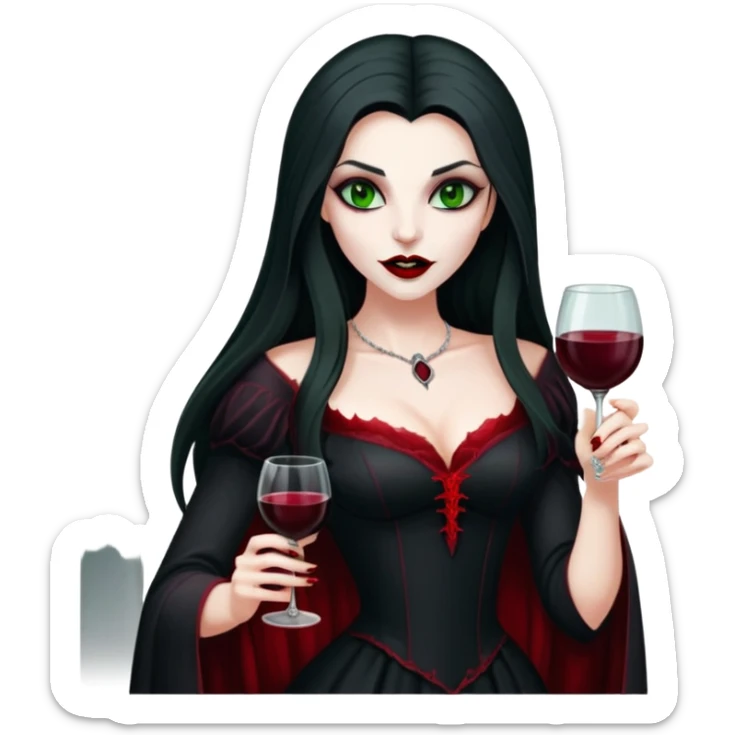 A beautiful vampire countess in a black dress with neat fangs and blood on her lips in her hands a glass of red wine. The Countess is very slim with long dark hair and green eyes sticker