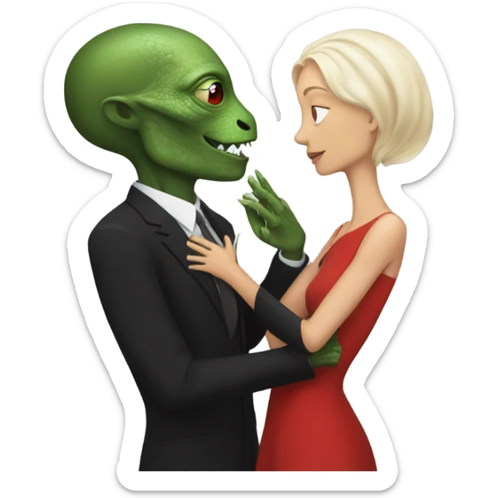 White man in black dress hugs and kissing Alien reptilian woman in red dress  sticker