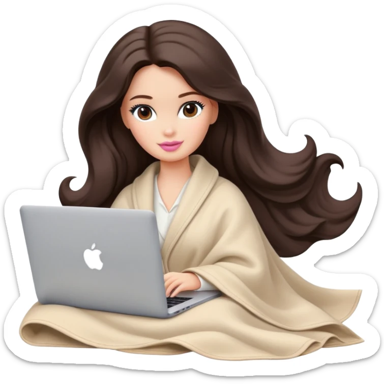 Barbie girl with a long wavy dark brown hair in pale beige clothes inside a pale beige blanket working macbook  sticker