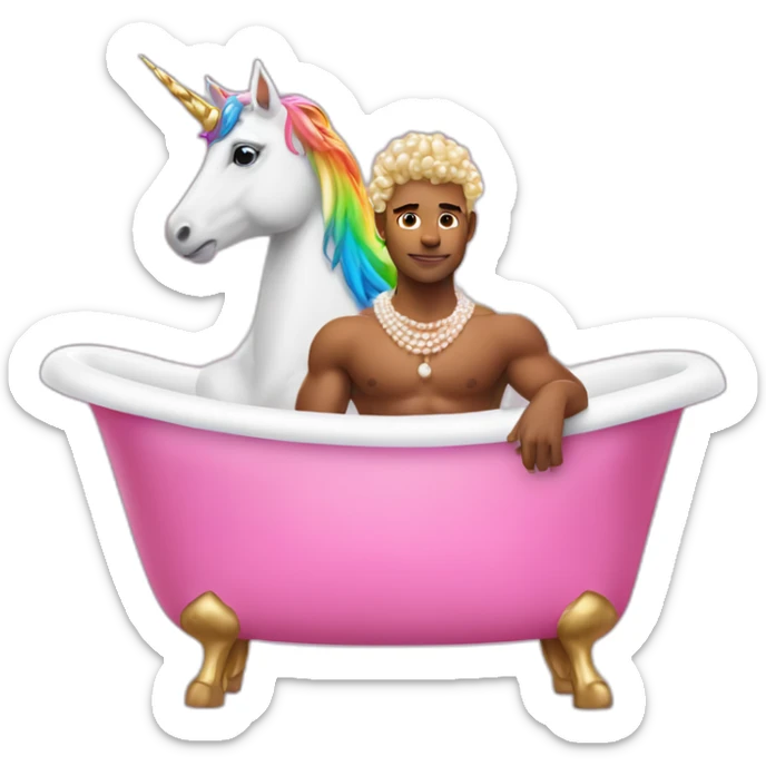 Posh-muscle-boy-with-pearl-necklace-and-rainbow-unicorn-hair-in-golden-bathtub sticker