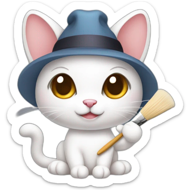 Kawaii cat artist in hat holding palette and brush so it can be used as a mouse cursor sticker