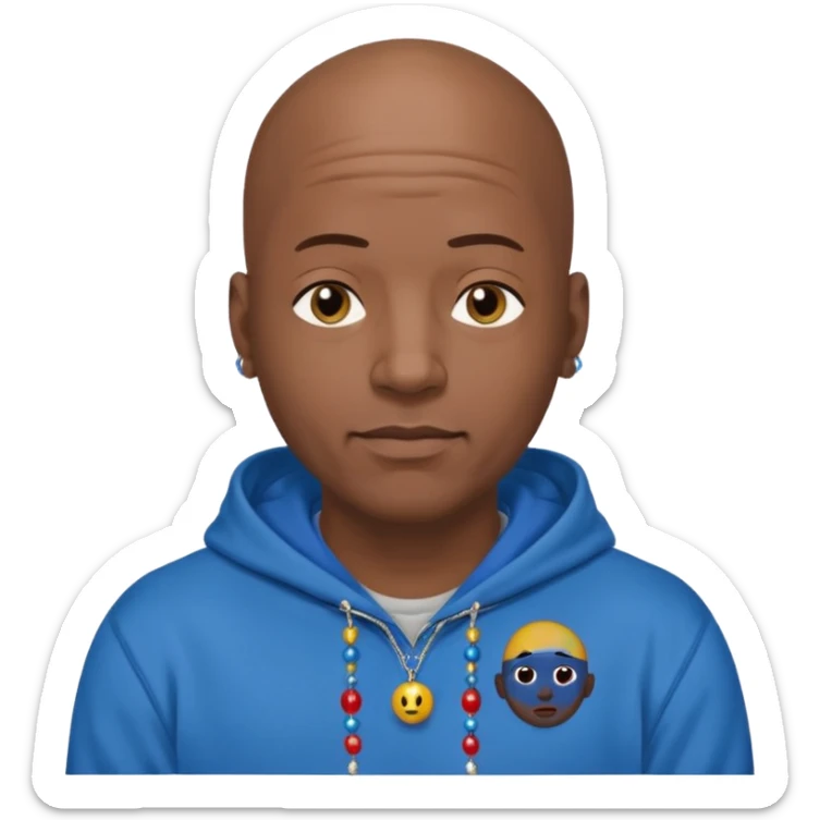 Bald black guy 40 years old with blue hoodie and and bead emoji sticker