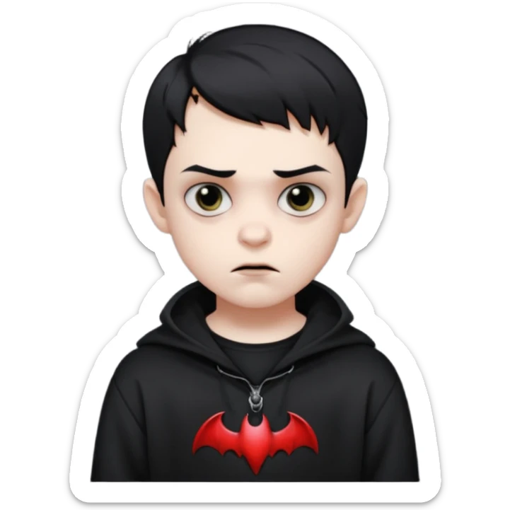 Vampire boy with the short black hair, pale-white skin, black eyes, little fangs and dark circles under his eyes. He has serious face and he wear a black oversize sweatshot sticker