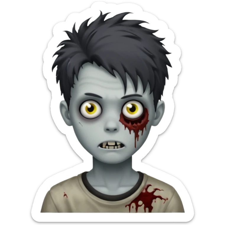 Zombie Boy with black large messy hair and teenager aparience, black background sticker