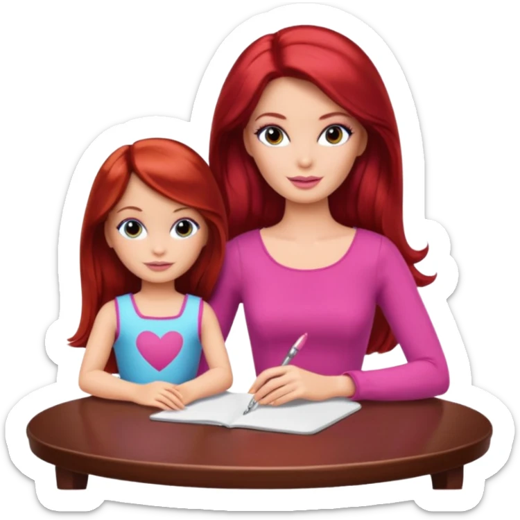 A Barbie girl with makeup, with long dark brown hair, with a child, a daughter with red hair, sitting at a table sticker