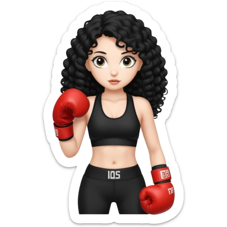 girl with fair skin, long black curly hair and big eyes, wear black sports bra and legging, and white boxing gloves sticker