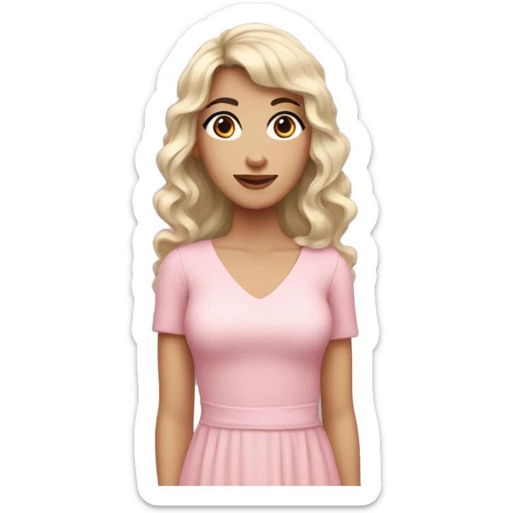 White woman with long black curly hair and bangs and dark brown eyes, wearing a pastel pink dress sticker