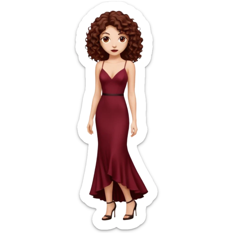 Chica blanca ,ojos marrones, vestido granate muy largo sexy , tirantes cuerpo entero pelo rizado  zapatos negros tacon sticker