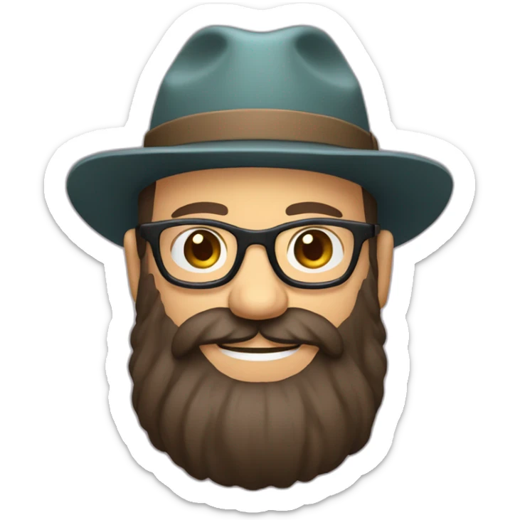 happy smile gardener face long dark beard and bald dark hair round glasses brown eyes and a hat sticker