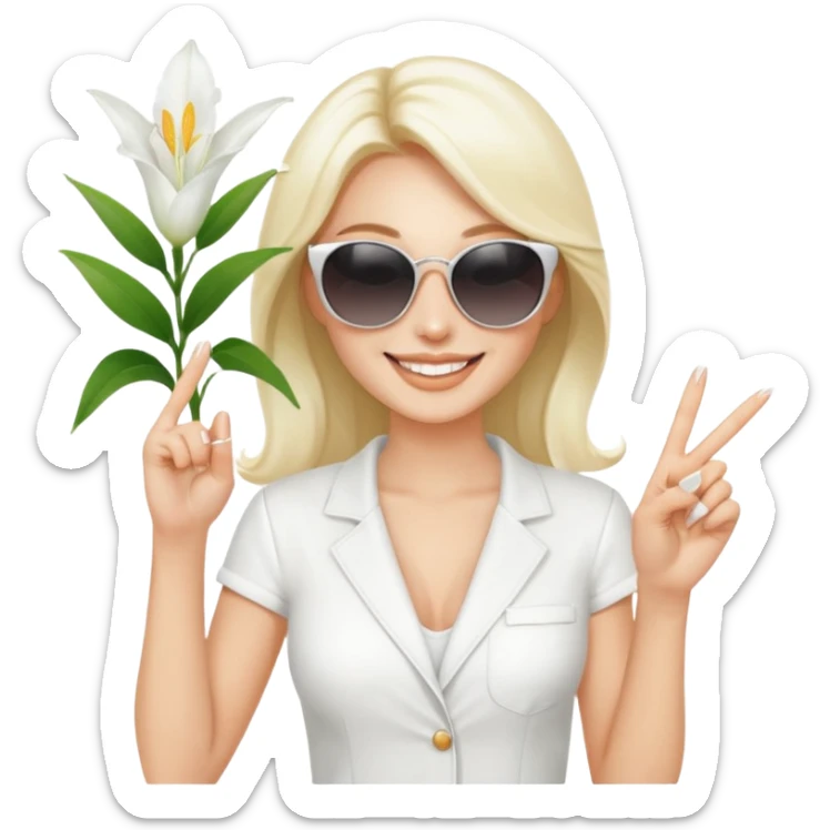 Professional sexy woman smiling holding lilies posing in shades  and flashing peace sign fingers sticker