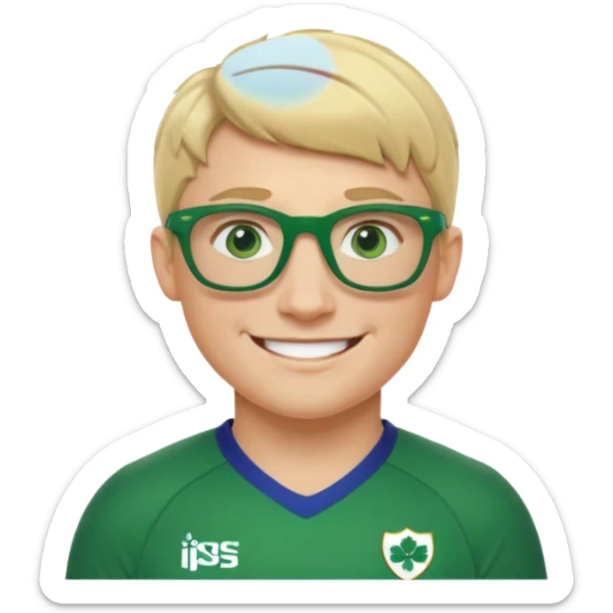 irish rugby player with very short blond hair and green glasses sticker