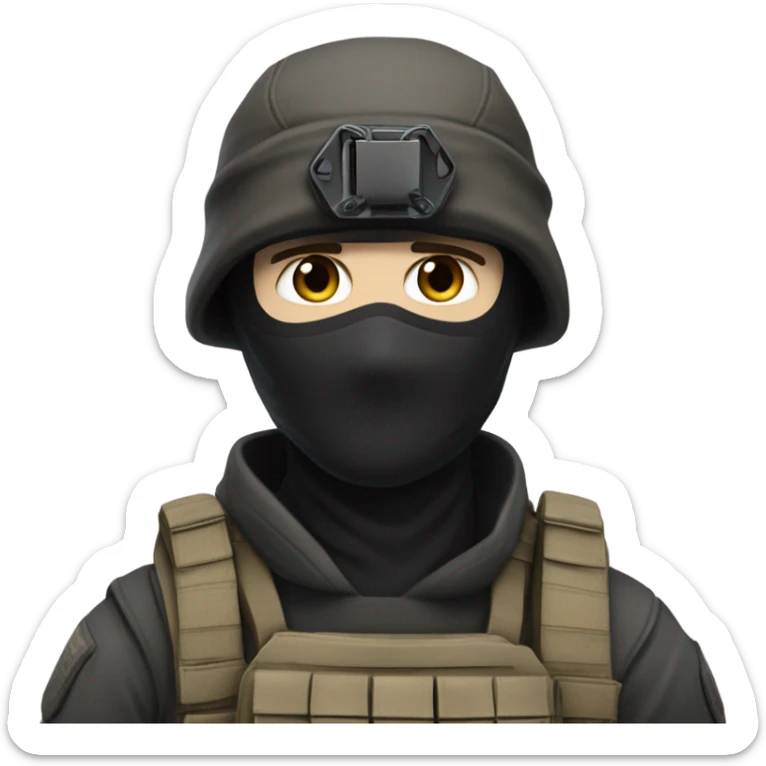 White male, call of duty black mask, camo tactical gear, tan combat boots, black beanie, blue eyes sticker