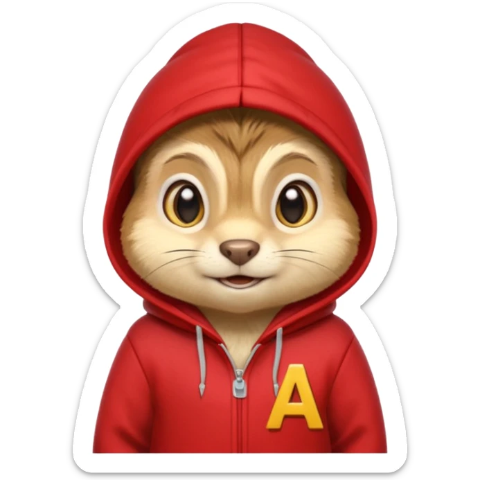 Portrait of a cartoon chipmunk with light brown and beige fur, wearing a red hoodie no zip with a yellow 'A' on it, big round eyes, small nose, and a mischievous grin, front-facing, stylized in animated movie style sticker