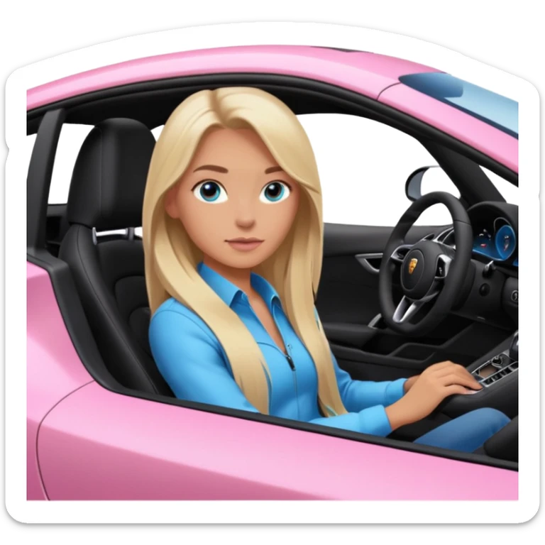 pink Porsche taycan with blonde girl, long hair, blue eyes, sitting in the car, girl in the driver seat, front view point of view, no sunglasses sticker