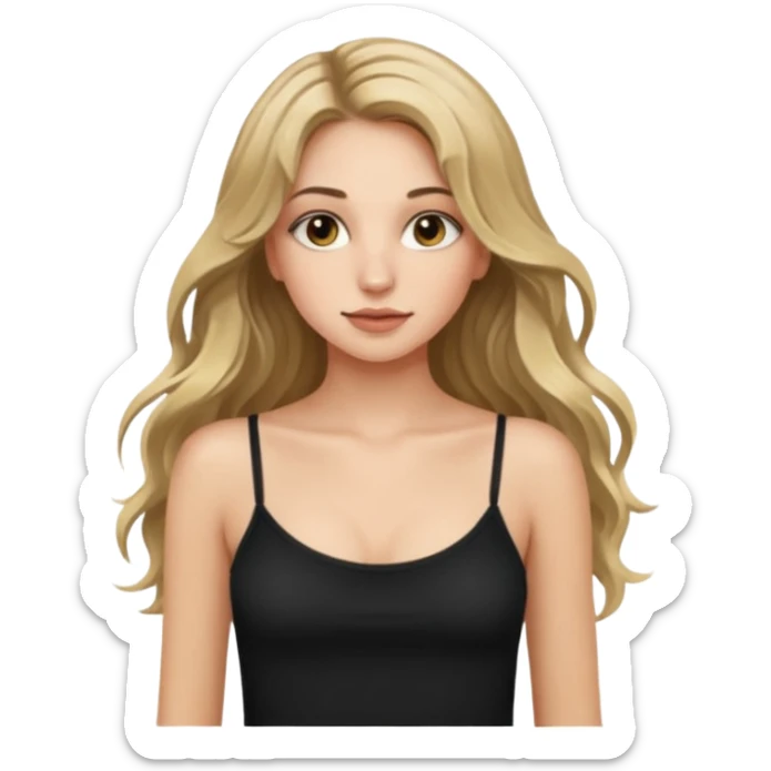 make an emoji girl with long dirty blond hair and hazel eyes. wearing a cute black spaghetti strap tank top tank top and her hair is down and slightly wavy. she also has really long eyelashes  sticker