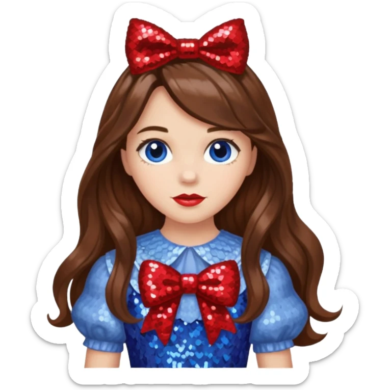 Dorothy Gale from the Wizard of Oz with long brown hair, periwinkle sequin outfit, red sequin bow sticker