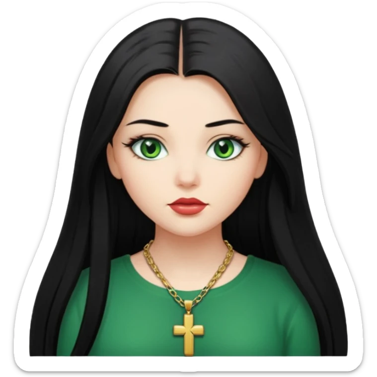 Girl, long black straight hair, green eyes, plump lips, cross necklace  sticker