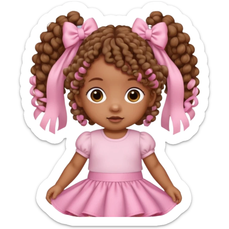 a brown skin baby with curly hair and a baby pink skirt and baby pink bows with her hair in pigtails sticker