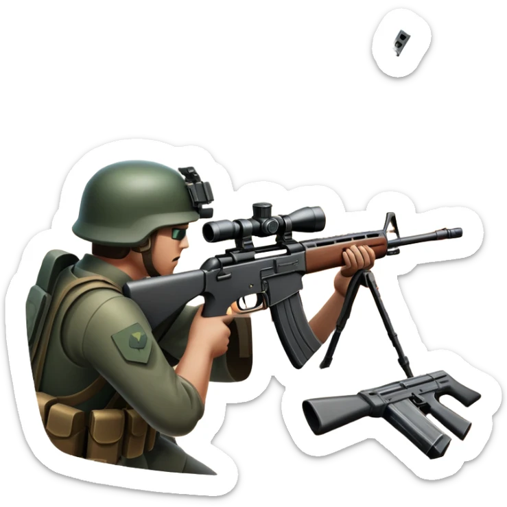 An icon featuring the crosshairs of an automatic rifle in the foreground, with a battlefield in the background. The design captures the intense focus of a first-person shooter game, with soldiers and explosions visible through the sights. Transparent background. sticker