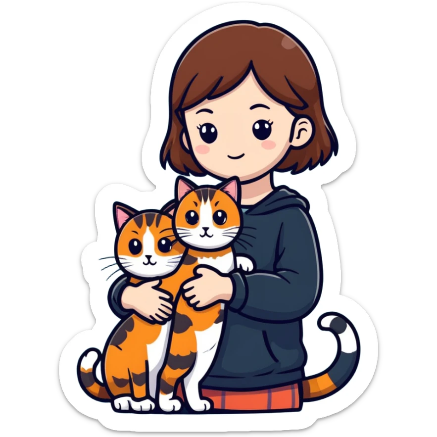 girl with brown hair holding two cats, one tortoiseshell cat and one Scottish cat sticker