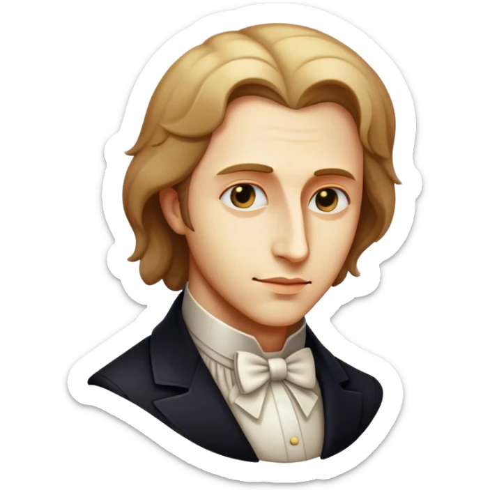 Cinematic Realistic Chopin Pop Culture Emoji, featuring an evocative portrayal of the legendary composer rendered with delicate textures and emotive, dynamic lighting. sticker