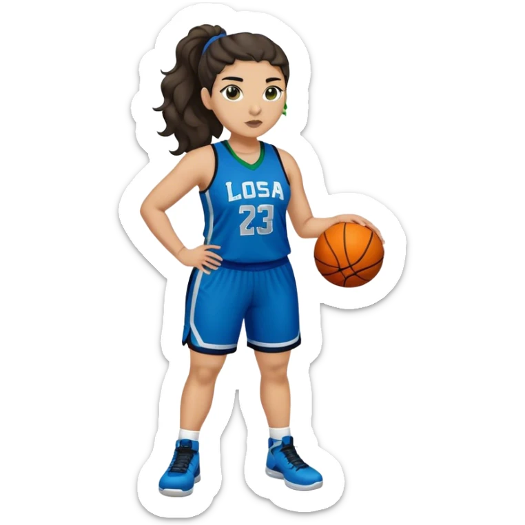 full body plus size light skin latino women basketball player with wavy dark hair in pony tail wide nose wearing blue uniform with green accent sticker