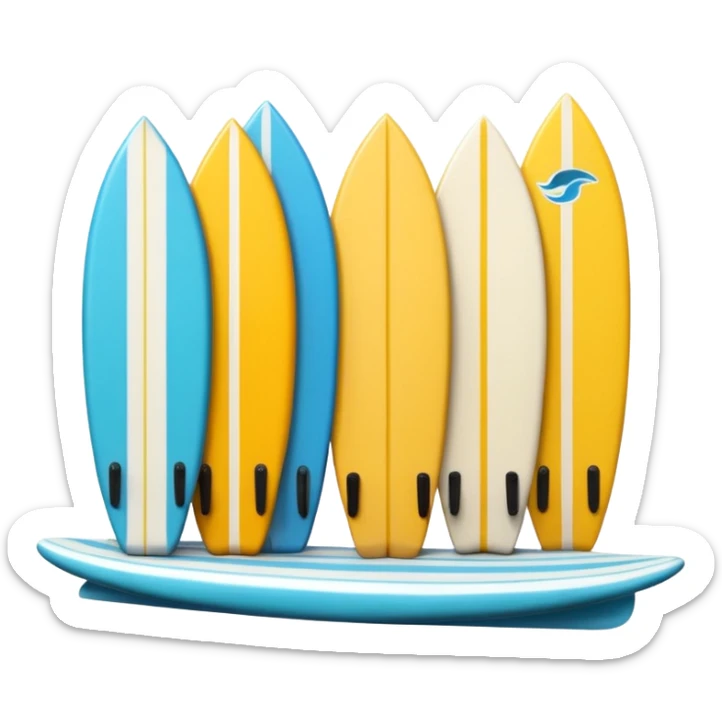 3D emoji style icon of a surf shop with surfboards, fins, and accessories on display sticker