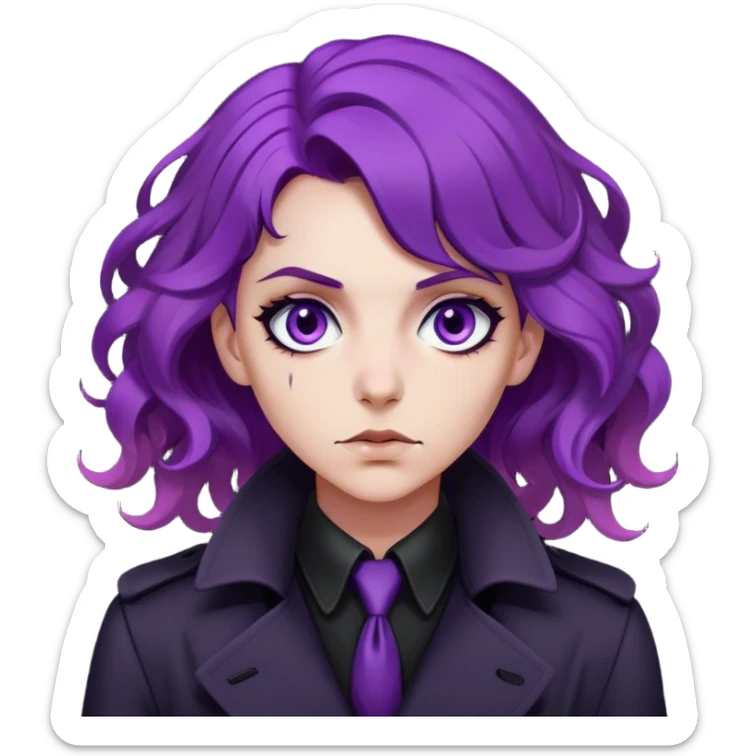 A noir-style detective with wavy purple hair, black trench coat, and piercing violet eyes sticker