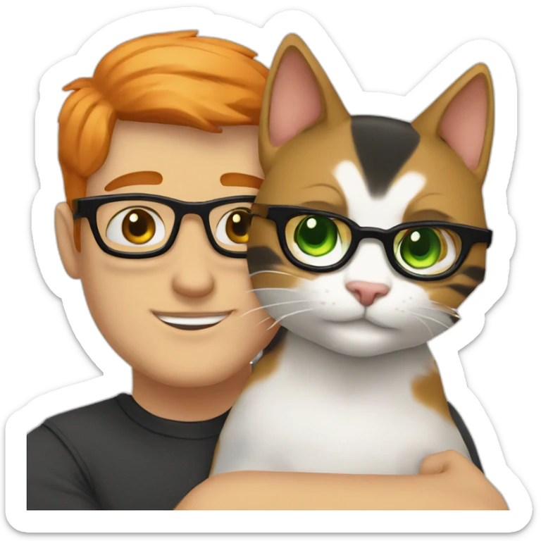 White guy with green eyes, black short hair and with glasses hug orange percian cat sticker